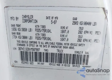 1997 Dodge Ram 1500 St from USA, damaged, VIN 3B7HC13Z8VM587997